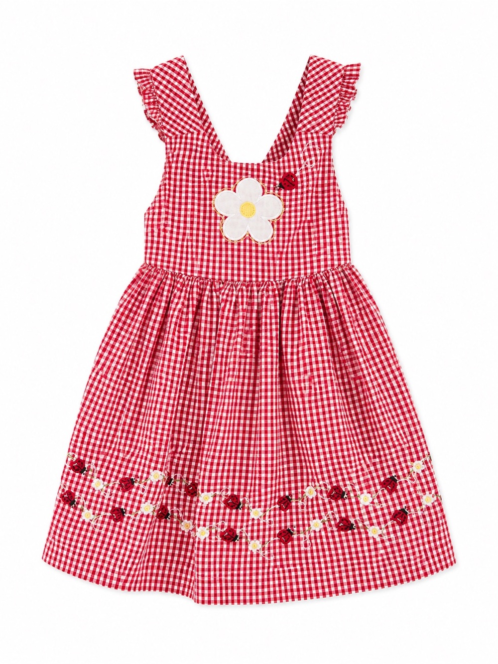 Blueberi Boulevard Red Gingham Dress with Rainbow Stripe Trim